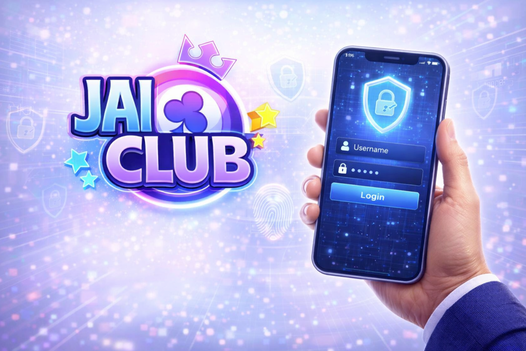 Jai Club login page showing secure user access with username and password fields, lock icon, and safe Jaiclub game account sign-in interface on mobile screen