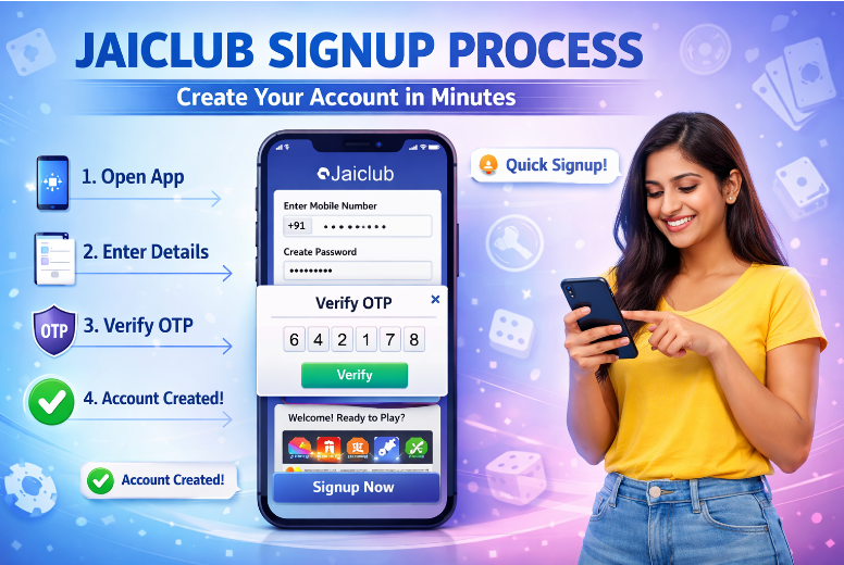 Jaiclub signup process screen showing mobile registration and OTP verification on gaming platform