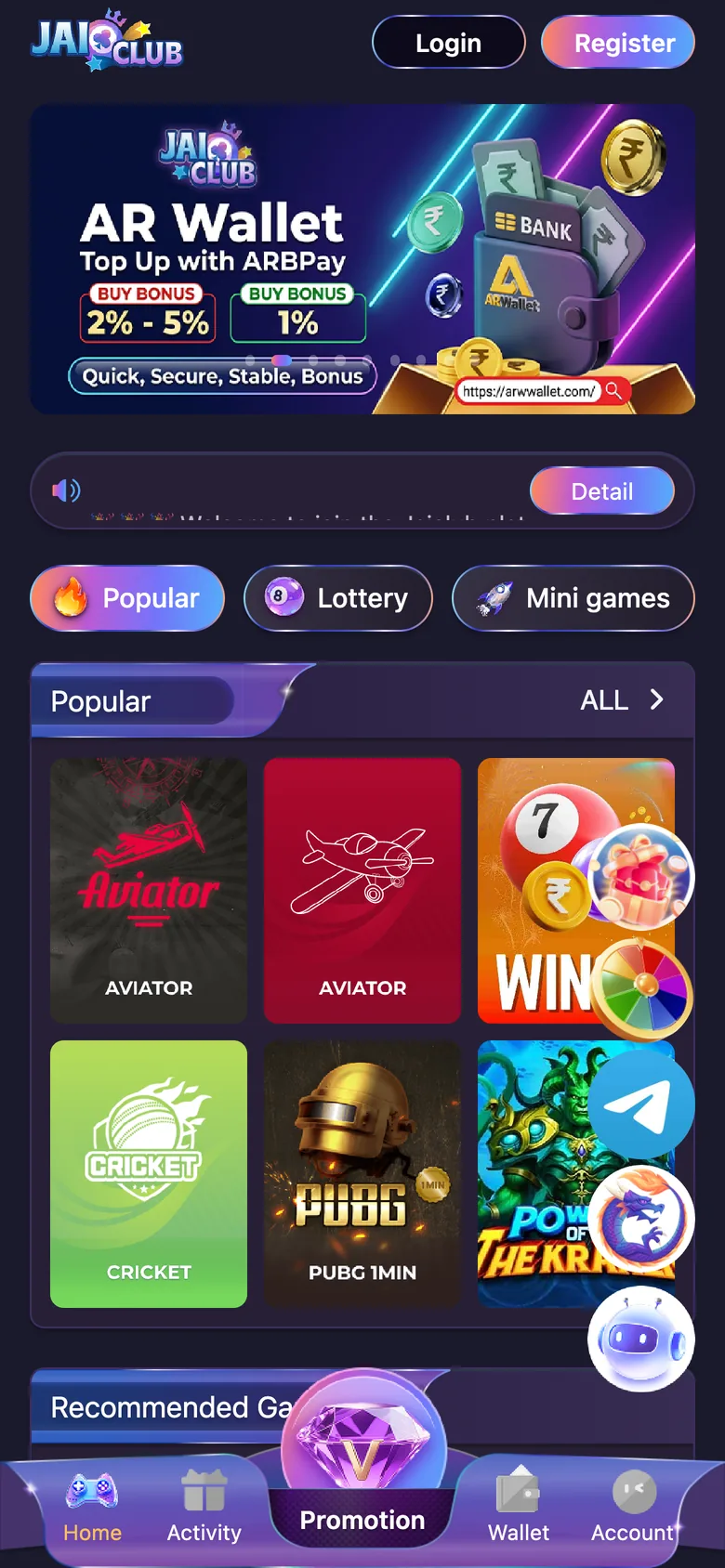 Jai Club app homepage showing games, promotions and navigation menu Jai Club app homepage showing games, promotions and navigation menu