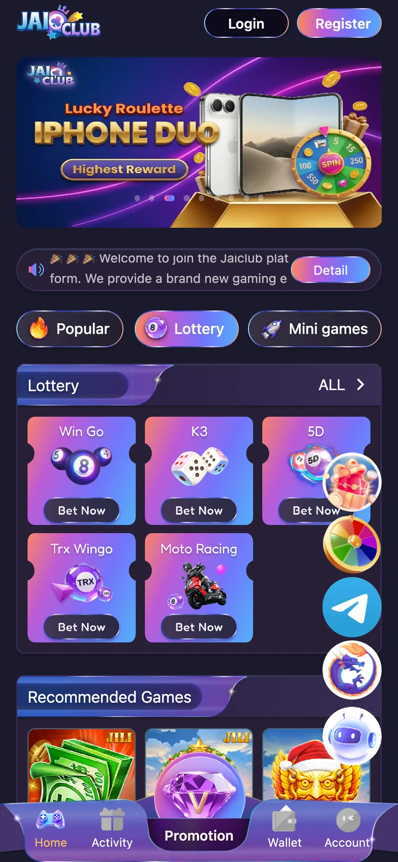 Jai Club Lottery tab showing Win Go, K3, 5D, Trx Wingo and Moto Racing games