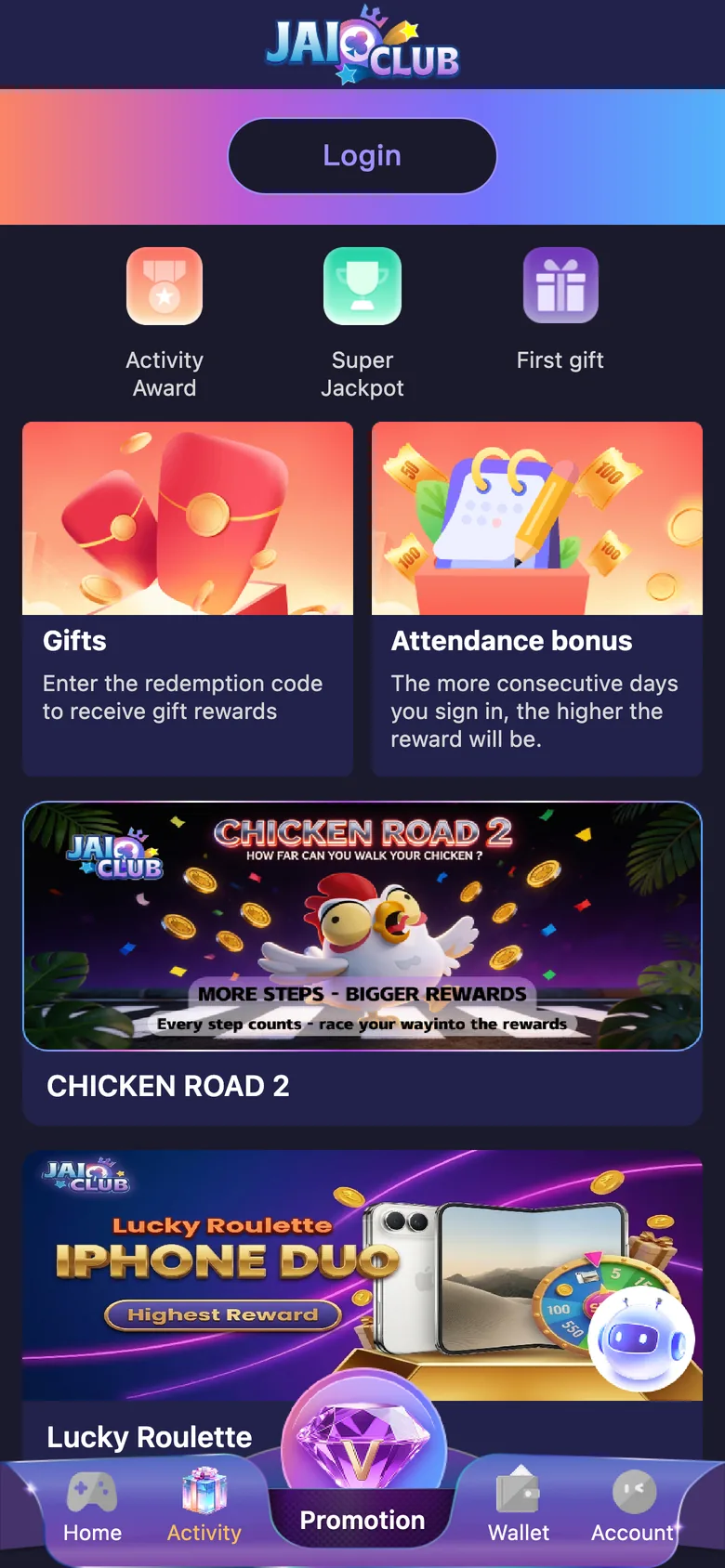 Jai Club activity bonuses page showing daily rewards, attendance bonus and gifts Jai Club activity bonuses page showing daily rewards, attendance bonus and gifts