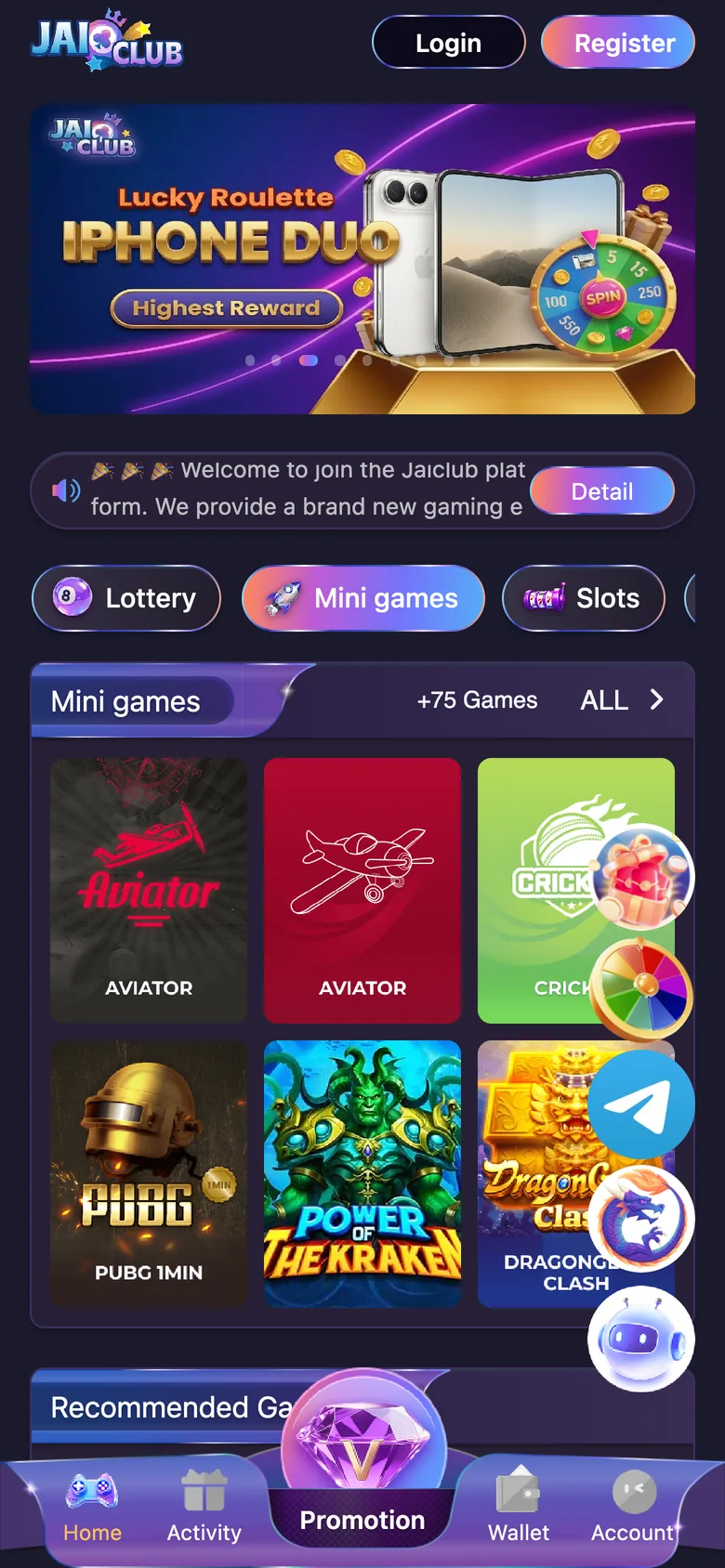 Jai Club mini games page showing Aviator, casino and arcade games
