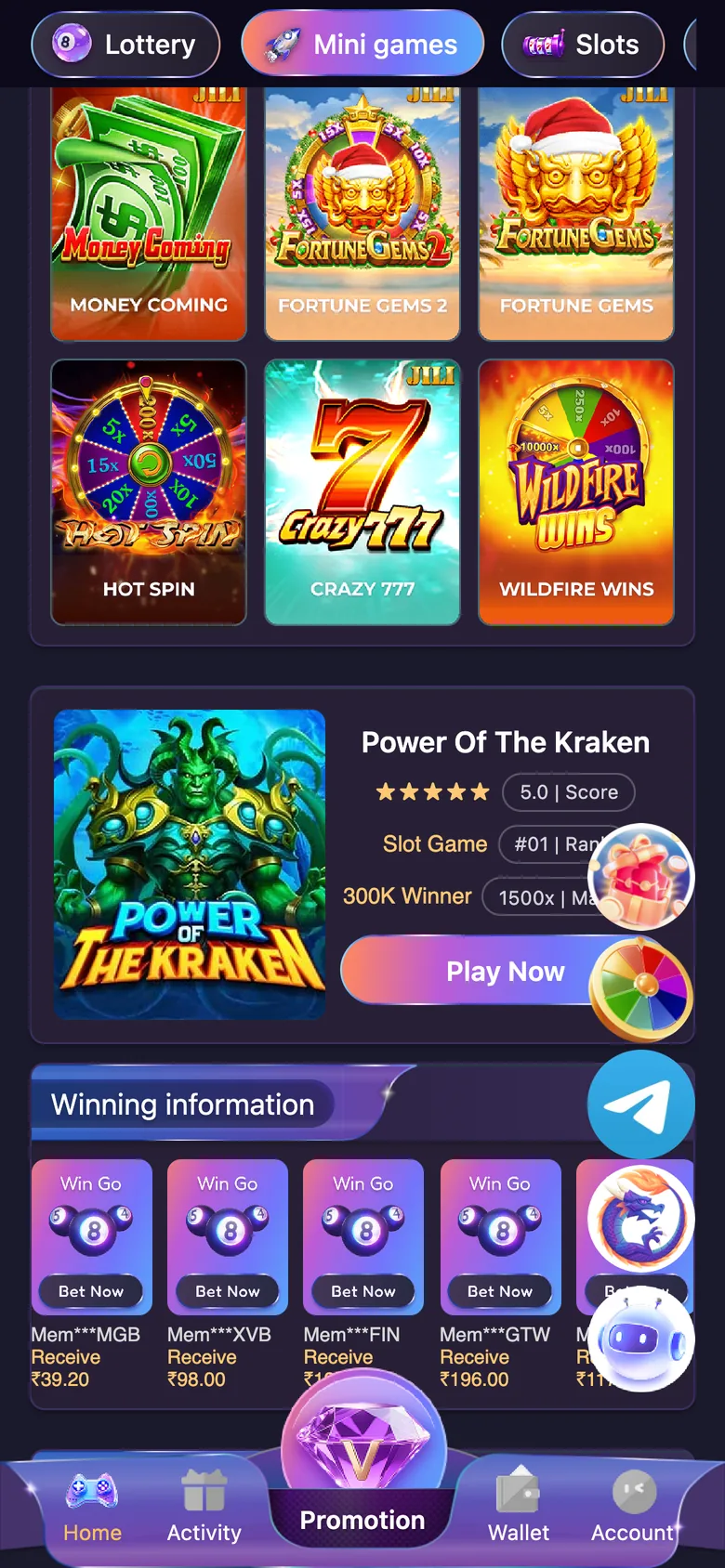 Jai Club mini games grid with slot titles such as Money Coming, Fortune Gems and Crazy 777