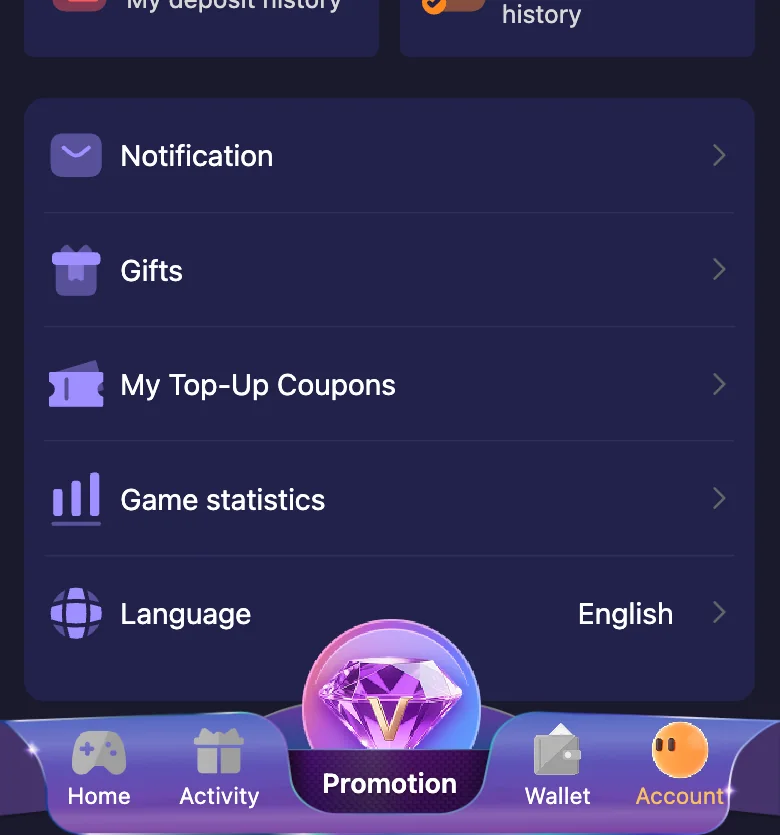 Jai Club Account menu with Notification, Gifts, My Top-Up Coupons, Game statistics and Language Jai Club Account menu with Notification, Gifts, My Top-Up Coupons, Game statistics and Language