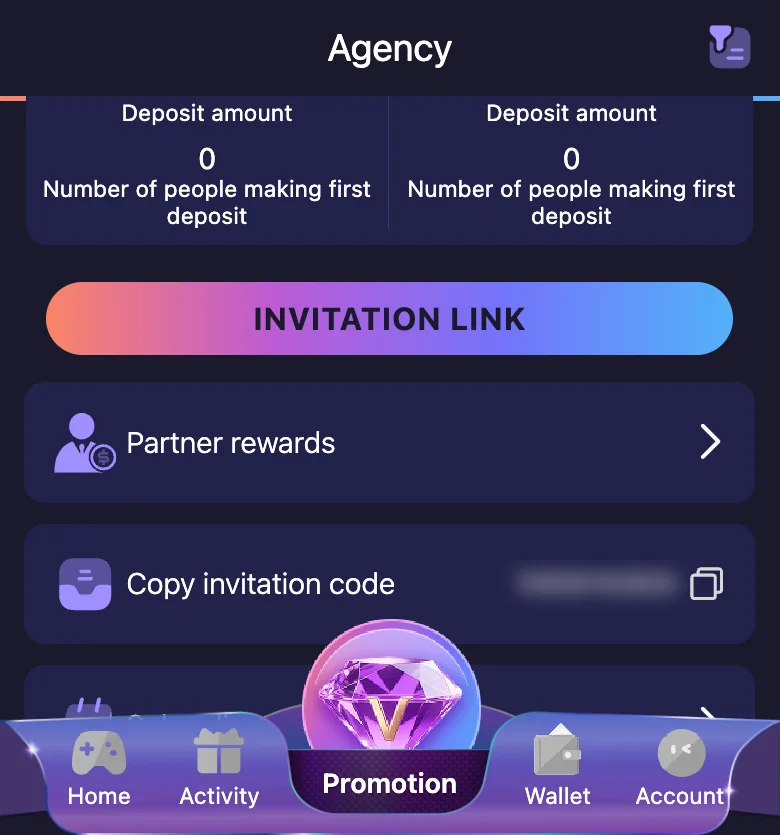 Jai Club Agency screen with subordinate stats, invitation link and partner rewards