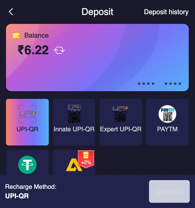 Jai Club Deposit screen showing balance and payment methods such as UPI-QR and PAYTM