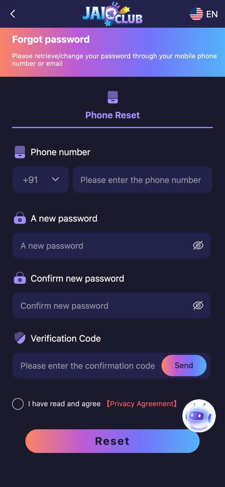 Jai Club forgot password screen with phone number, new password, confirm password, verification code and Reset button Jai Club forgot password screen with phone number, new password, confirm password, verification code and Reset button