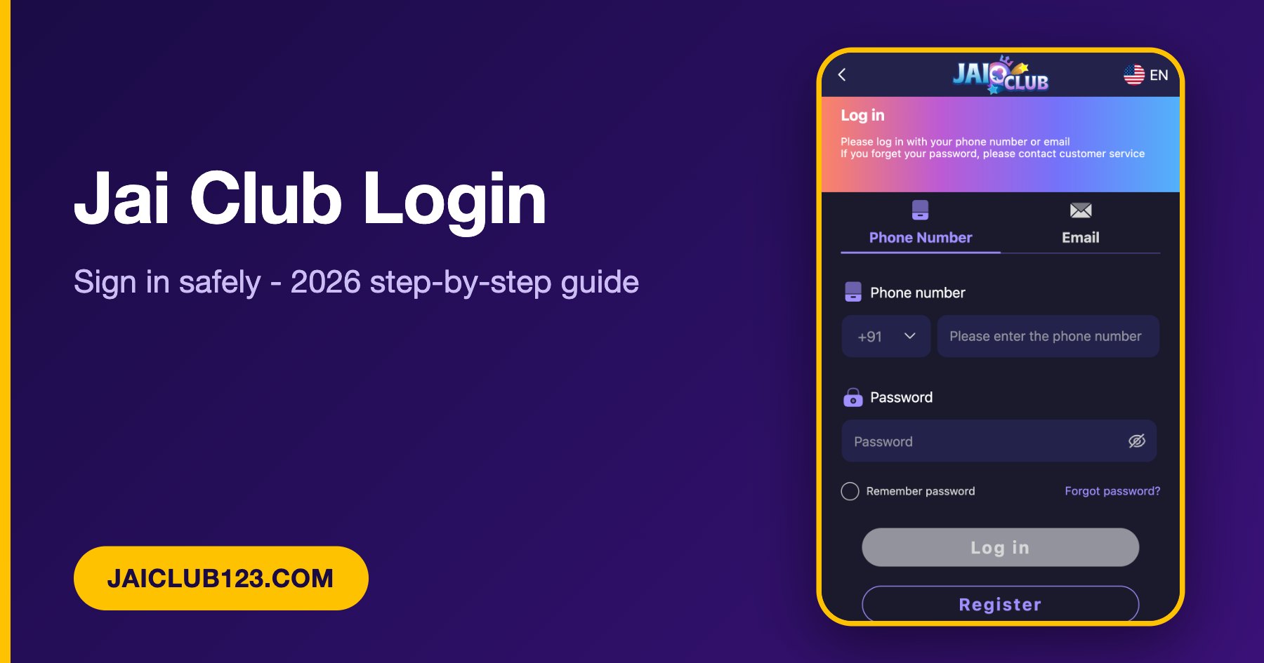 Jai Club login guide banner with account screen