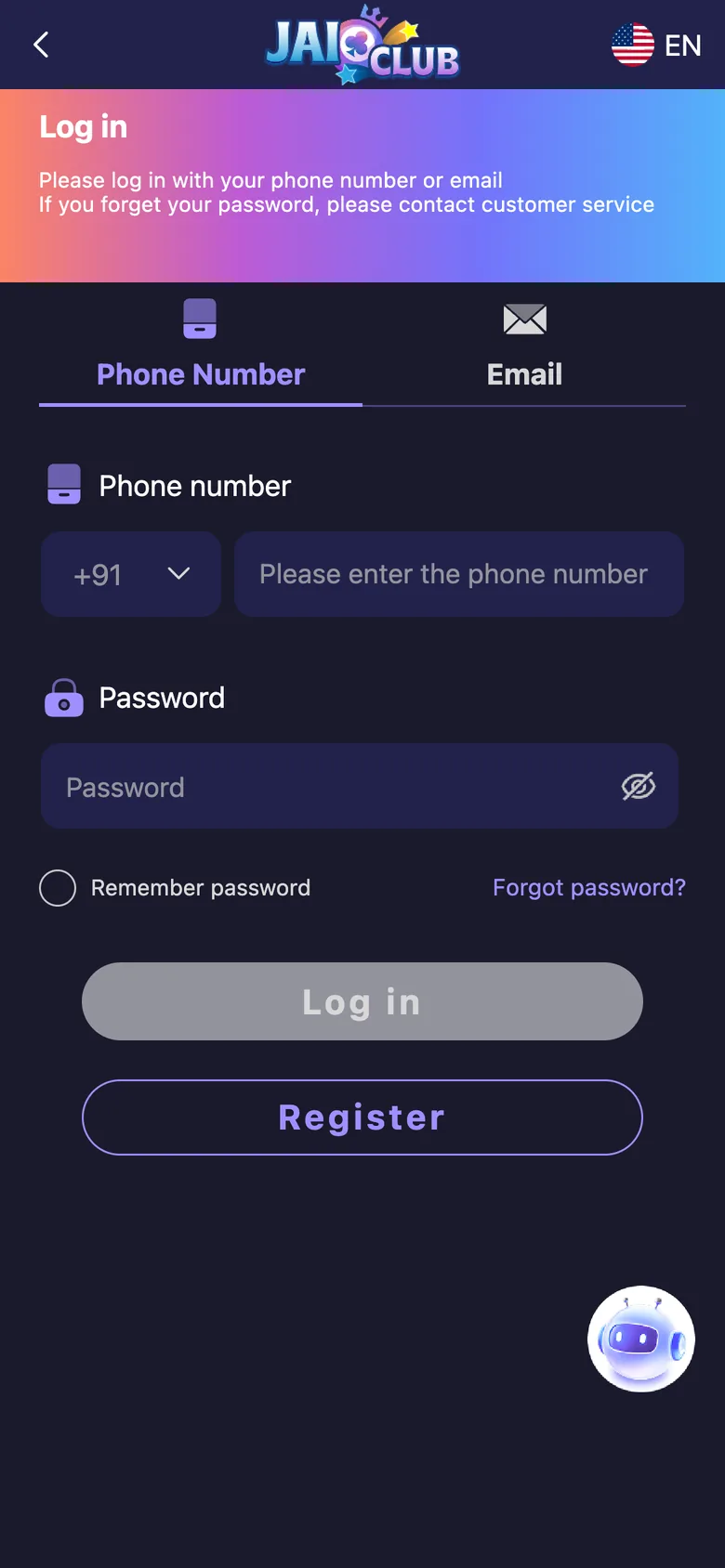 Jai Club login screen with phone number, password and Log in button Jai Club login screen with phone number, password and Log in button