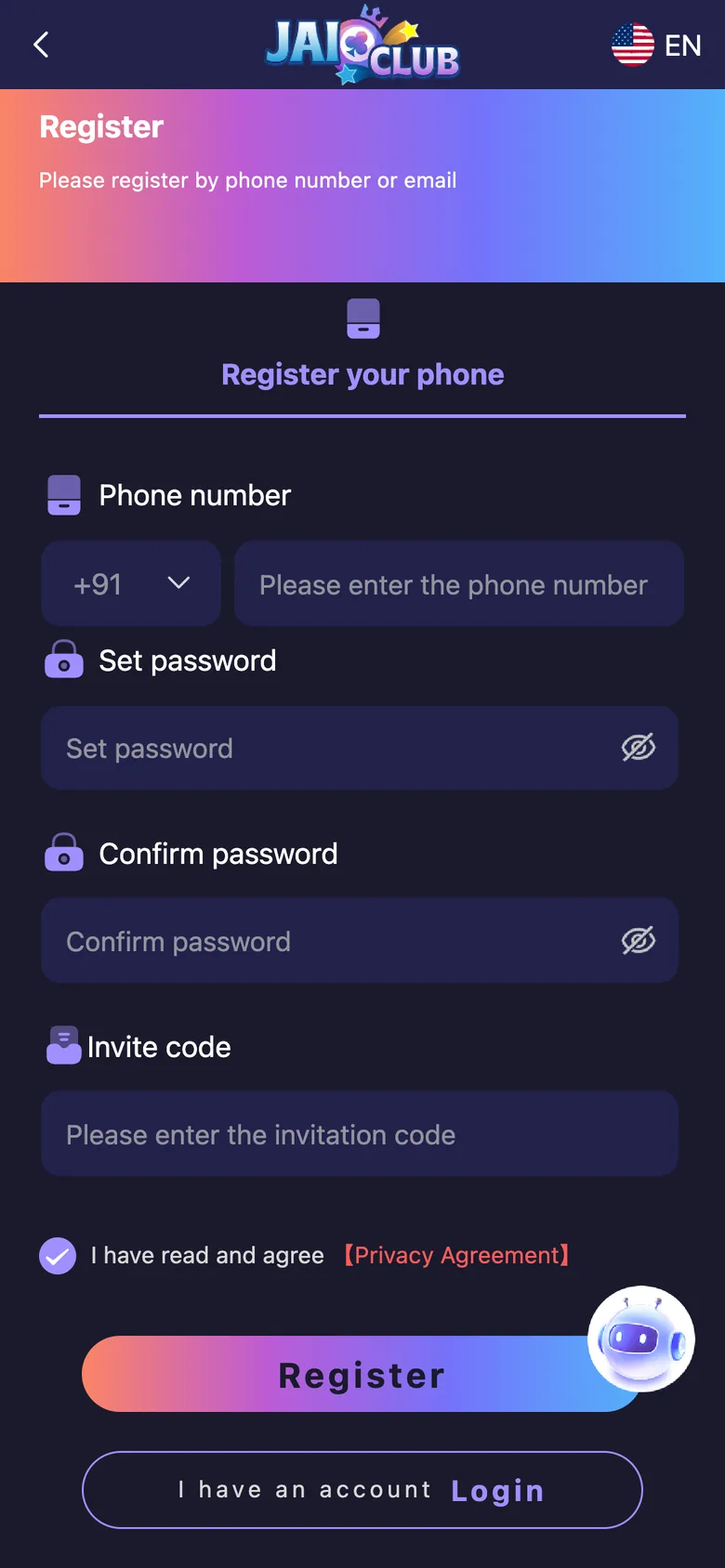 Jai Club registration screen with phone number, password, confirm password and invite code fields
