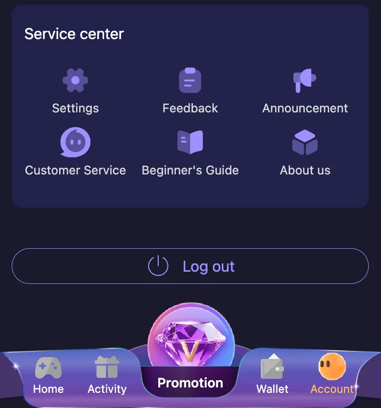 Jai Club Account screen with Service center options including Customer Service, Feedback and Settings