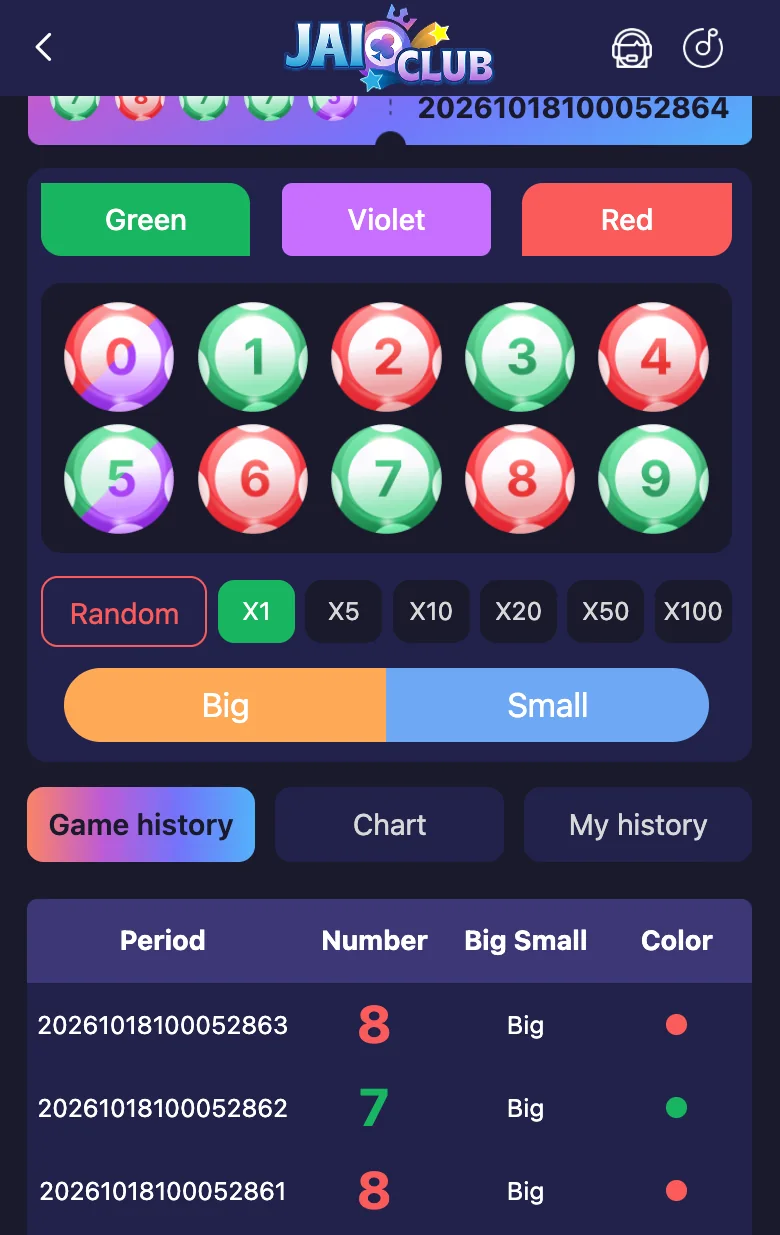 Jai Club Wingo gameplay with colour buttons, number balls, Big and Small options, multiplier buttons and game history table
