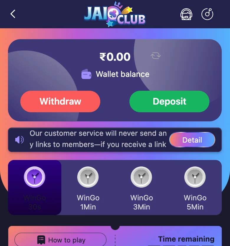 Jai Club Wingo screen with wallet balance, Withdraw and Deposit buttons and the WinGo 30s, 1Min, 3Min and 5Min round options